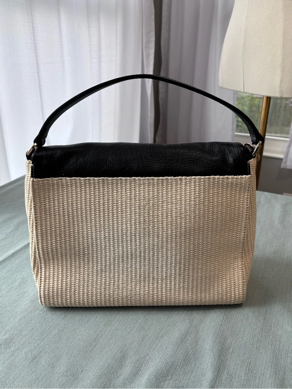 kate spade Black and Cream Woven Satchel Shoulder Bag with Leather Flap Strap